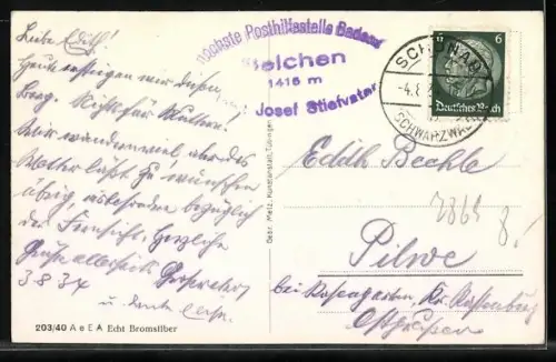 AK Belchen /Bad. Schwarzwald, Gasthof Beichenhaus, Inh. Jos. Stiefvater. Alpenpanorama v. Belchen