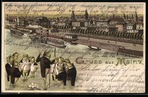 Lithographie Mainz, Rheinansicht mit Dampfschiff, Froschchor