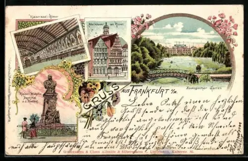 Lithographie Frankfurt a. M., Alte Häuser am Römer, Zoologischer Garten, Kaiser Wilhelm Denkmal