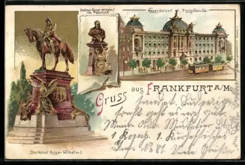 Lithographie Frankfurt a. M., Denkmal Kaiser Wilhelm I, Neues Kaiserl. Postgebäude mit Strassenbahn