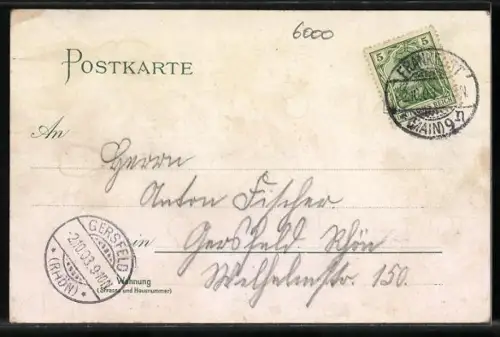 Lithographie Frankfurt a. M., Denkmal Kaiser Wilhelm I, Neues Kaiserl. Postgebäude mit Strassenbahn