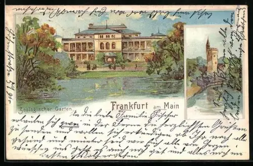 Lithographie Frankfurt-Ostend, Zoologischer Garten, Turmansicht