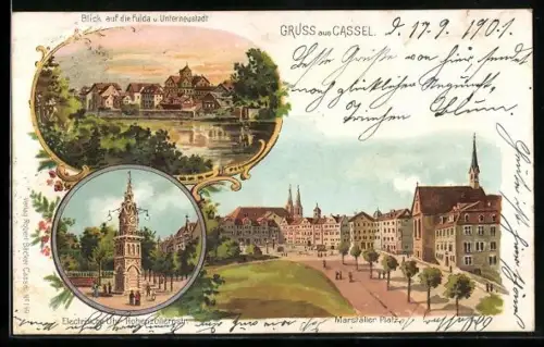 Lithographie Cassel, Elektrische Uhr, Marstätter Platz, Blick auf die Fulda