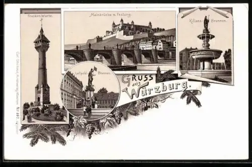 Lithographie Würzburg, Franken-Warte, Mainbrücke mit Festung, Luitpoldbrunnen, Kiliansbrunnen