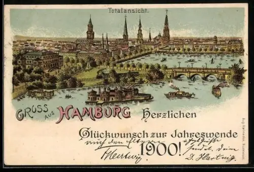 Lithographie Hamburg, Ortsansicht mit Brücke, Jahreswende 1900