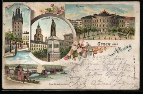 Lithographie Mainz, Gutenberg-Denkmal, Theater, Neue Strassenbrücke