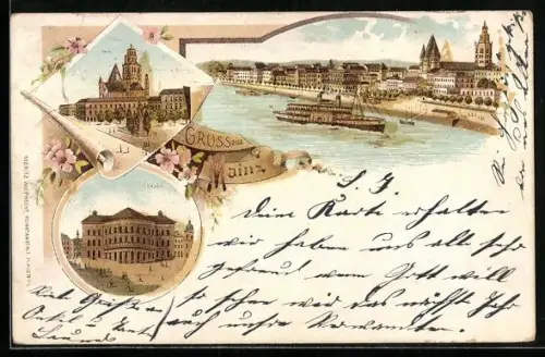 Lithographie Mainz, Dom, Theater, Rheinpartie mit Dampfer