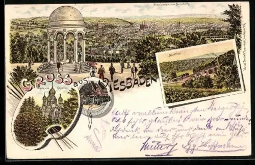 Lithographie Wiesbaden, Blick vom Neroberg aus