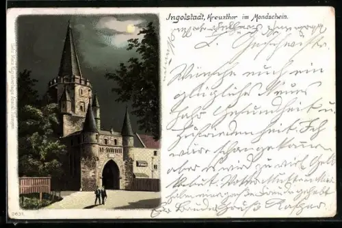 Mondschein-Lithographie Ingolstadt, Kreuzthor im Vollmondlicht