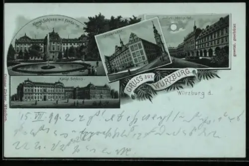 Mondschein-Lithographie Würzburg, Königl. Schloss, Julius-Hospital, Universität