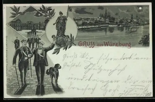 Mondschein-Lithographie Würzburg, Stadtansicht mit Dampfer, Statue, Studenten mit Hund