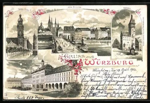 Lithographie Würzburg, Alte Brücke, Rathaus, Julius Spital