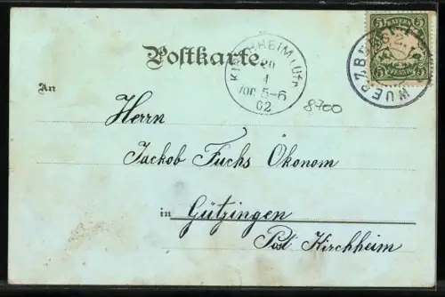 Lithographie Würzburg, Alte Brücke, Rathaus, Julius Spital