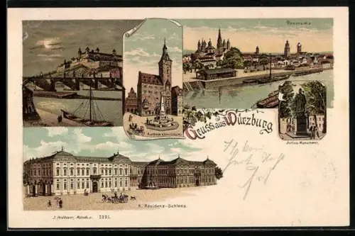 Lithographie Würzburg, Rathaus, K. Residenz-Schloss, Julius-Monument