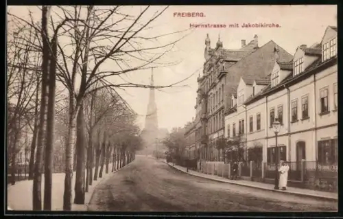 AK Freiberg / Sachsen, Hornstrasse mit Jakobikirche