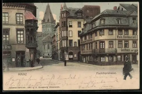 AK Mainz, Fischtorstrasse, Gasthaus mit Strassenpartie
