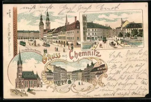 Lithographie Chemnitz, Jacoby Kirche mit Strassenbahn, Nicolaikirche, Johannisplatz, Nicolaibrücke
