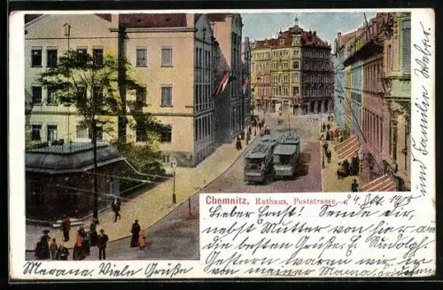 AK Chemnitz, Rathaus mit Poststrasse, Strassenbahn