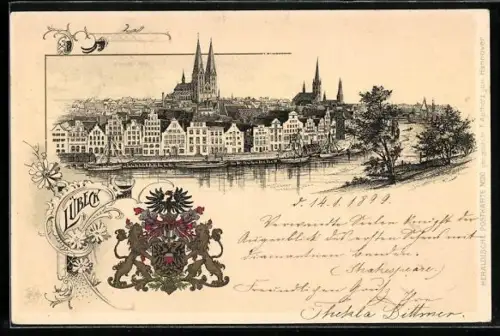 Passepartout-Lithographie Lübeck, Flusspartie im Ort