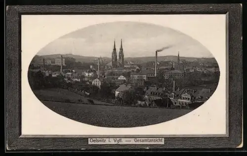 AK Oelsnitz i. Vgtl., Ortsansicht in ovalem Passepartout