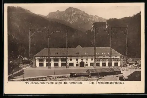 AK Walchensee, Walchenseekraftwerk, Transformatorenhaus gegen den Herzogstand