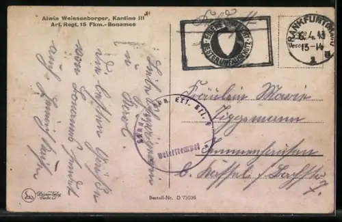 AK Frankfurt /Main, Wirtschaftsgebäude, Stabsgebäude, Alwin Weissenberger Kantine III, Art. Regt. 15 Fkm.-Bonames