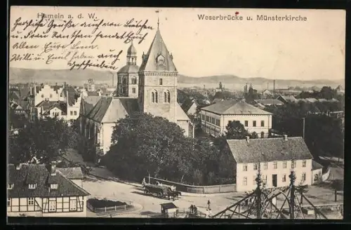 AK Hameln a. d. W., Weserbrücke, Münsterkirche
