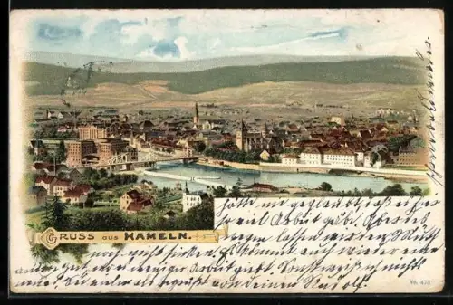 Lithographie Hameln, Stadtansicht mit Weser