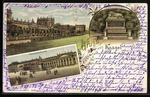Lithographie Kassel, Orangerie, Friedrichsplatz, Heldendenkmal