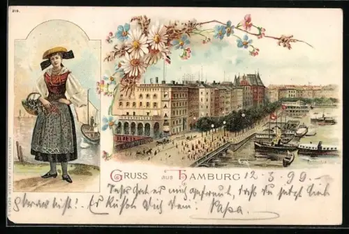 Lithographie Hamburg, Alter Jungfernstieg, Vierländerin in Tracht