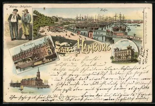 Lithographie Hamburg, Hafen, Kaiser Quai, Seewärte