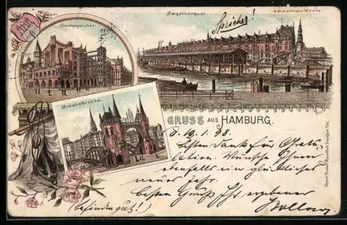 Lithographie Hamburg, Brooksbrücke, Stadtspeicher, Wappen