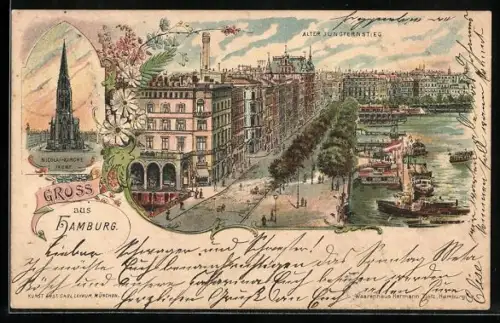 Lithographie Hamburg, Alter Jungfernstieg, Nikolaikirche