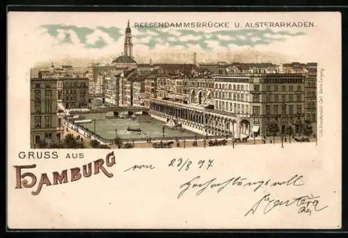 Lithographie Hamburg, Reesendammbrücke, Alsterarkaden