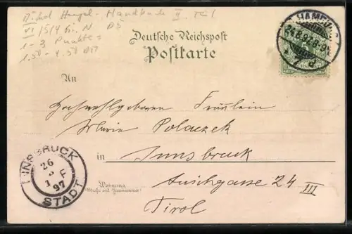 Lithographie Hamburg, Reesendammbrücke, Alsterarkaden