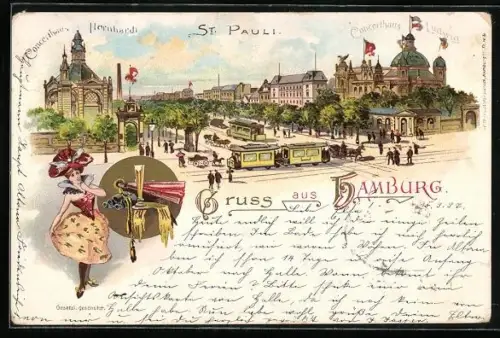 Lithographie Hamburg-St.Pauli, St. Pauli, Concerthaus, Strassenbahn