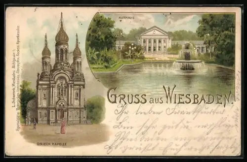 Lithographie Wiesbaden, Kurhaus, Griechische Kapelle