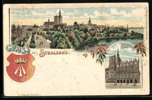 Lithographie Stralsund, Rathaus und Nikolaikirche, Strassenpartie