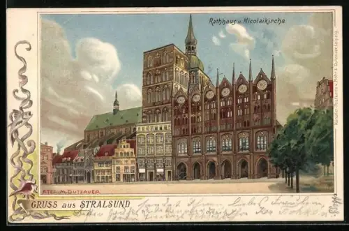 Künstler-AK Max Dutzauer: Stralsund, Rathaus und Nikolaikirche