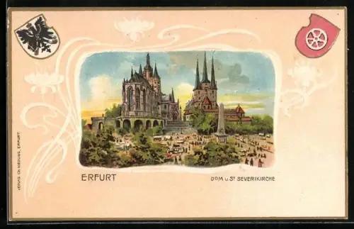 Passepartout-Lithographie Erfurt, Dom u. St. Severinskirche, Wappen
