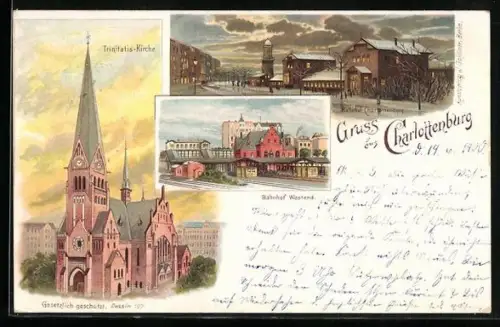 Lithographie Berlin-Charlottenburg, Trinitatis Kirche, Bahnhof Westend und Bahnhof Charlottenburg