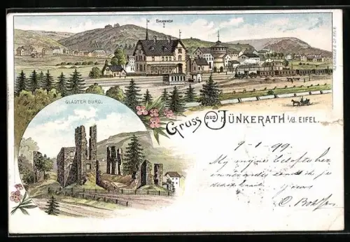 Lithographie Jünkerath i. d. Eifel, Bahnhof, Gladter Burg