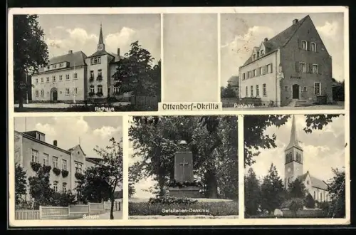 AK Ottendorf-Okrilla, Rathaus, Postamt, Schule, Gefallenen-Denkmal, Kirche