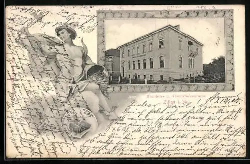 Lithographie Zittau i. Sa., Handels- und Gewerbekammer, Hermes mit Geld im Horn, Passepartout