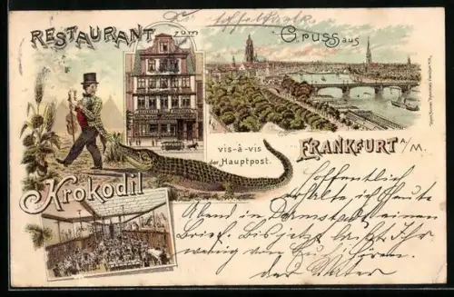 Lithographie Frankfurt, Ortsansicht, Restaurant Krokodil vis-à-vis der Hauptpost, Zeil 45