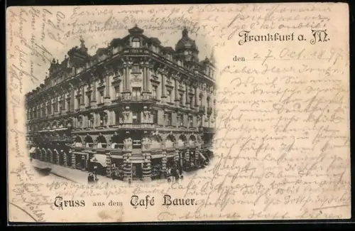 AK Frankfurt a. M., Cafe Bauer mit Strassenpartie
