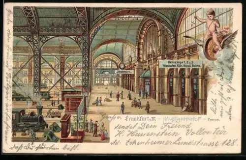 Lithographie Frankfurt a. M., Hauptbahnhof, Innenansicht