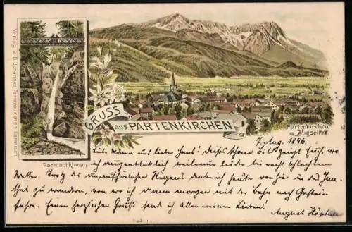 Lithographie Partenkirchen, Teilansicht mit Zugspitze, Partnachklamm