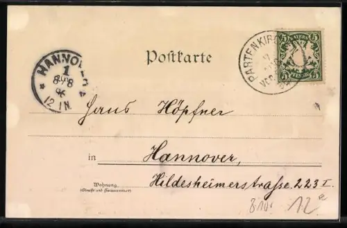 Lithographie Partenkirchen, Teilansicht mit Zugspitze, Partnachklamm