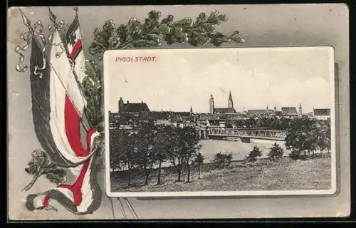 AK Ingolstadt, Uferpartie mit Brücke, Fahnen und Eichenzweig, Passepartout